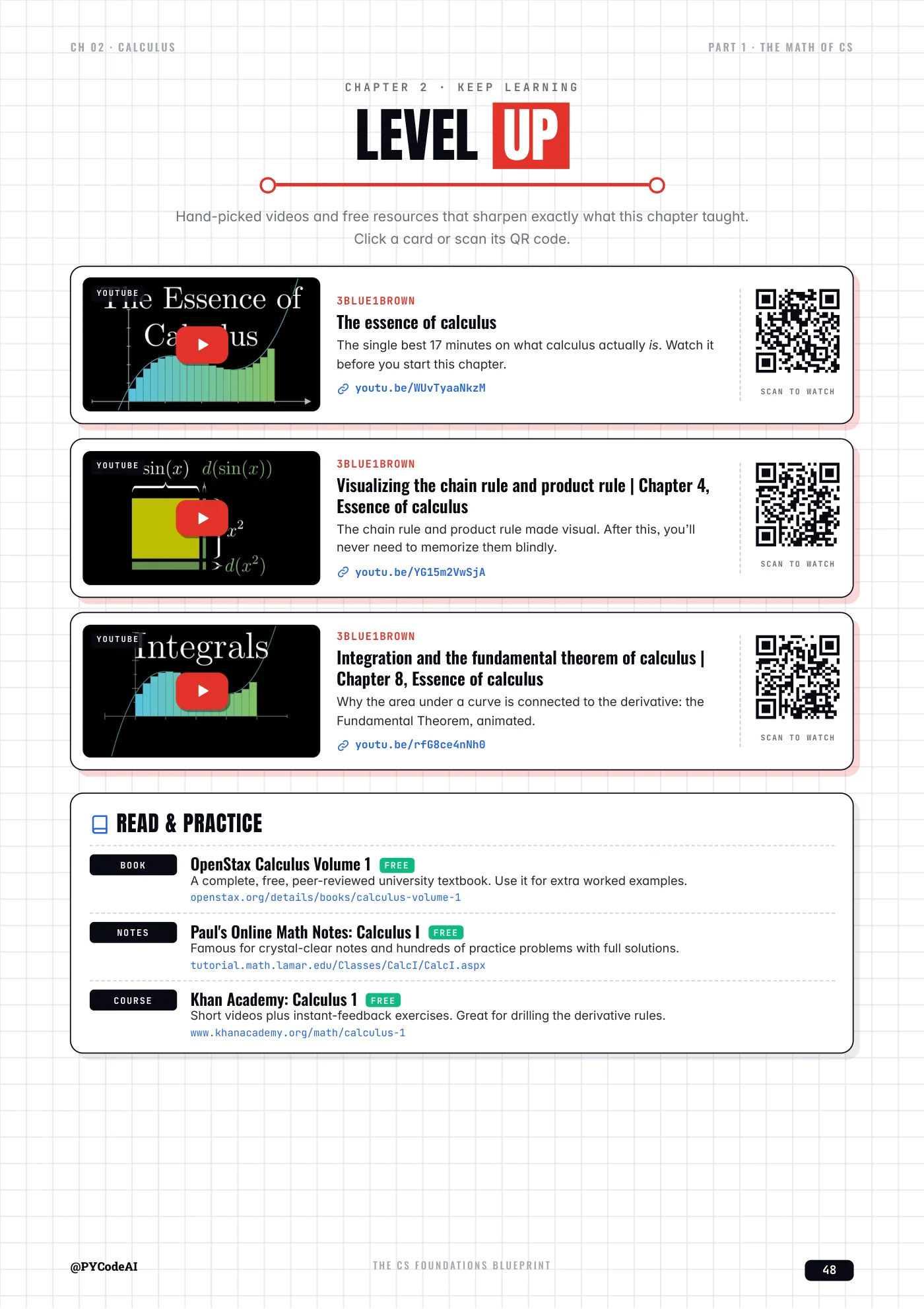 Level Up page with YouTube video cards and QR codes